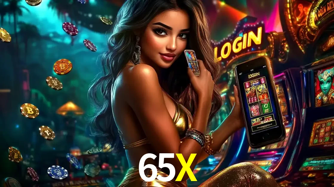 Mulher em um cenário de cassino temático de aventura, mostrando o app de caça-níqueis da 65X no celular. Fichas de apostas flutuam ao redor.