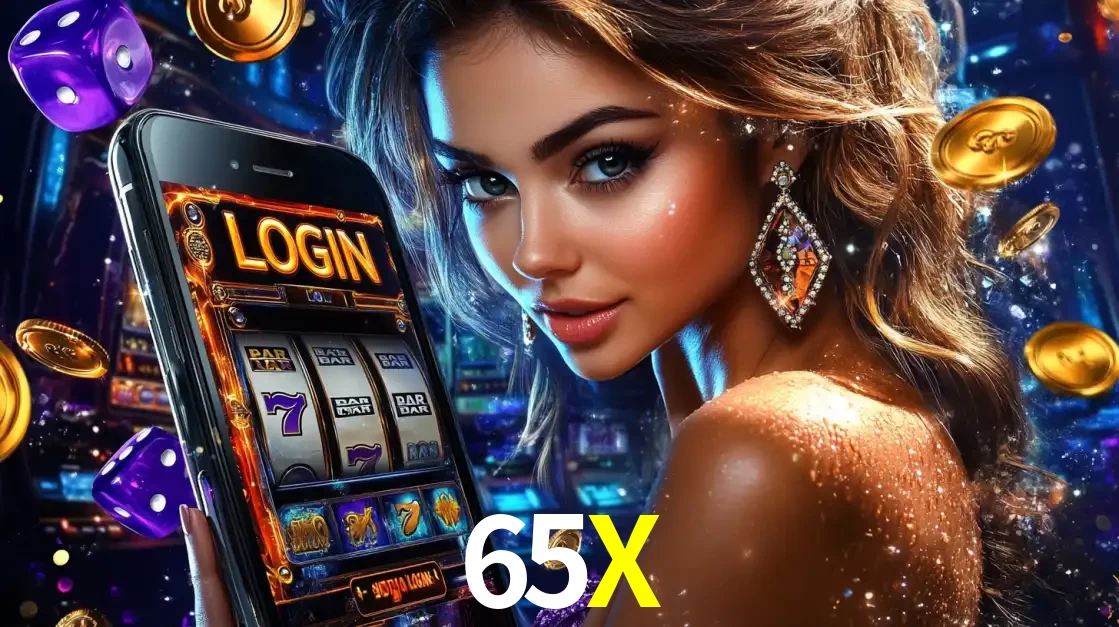Mulher glamorosa segurando um smartphone com a tela de login para os jogos de caça-níqueis do cassino online 65X, com moedas de ouro e dados ao redor.