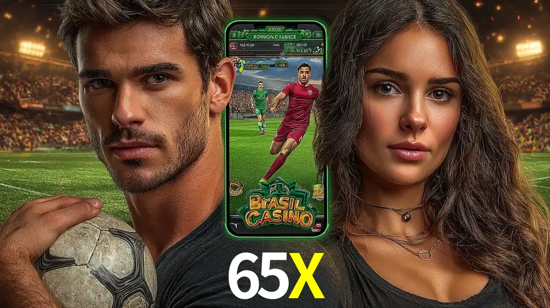 Homem segurando uma bola de futebol e uma mulher ao lado de um smartphone exibindo o jogo de apostas esportivas da 65X. Faça seu palpite no cassino online.